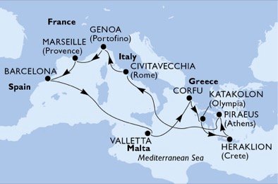 crociera msc U9GR itinerario della crociera in
italia, francia, spagna, malta, grecia su MSC SINFONIA