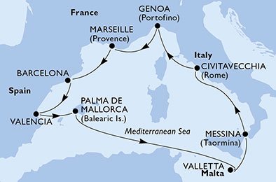 crociera msc U9GU itinerario della crociera in
italia, francia, spagna, malta su MSC SINFONIA