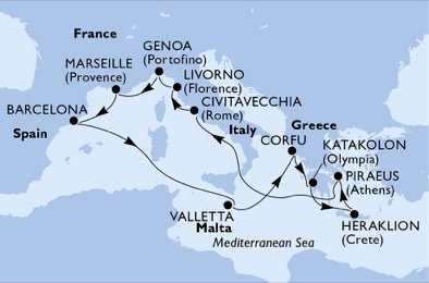 crociera msc U9H6 itinerario della crociera in
italia, francia, spagna, malta, grecia su MSC SINFONIA
