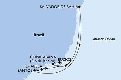 crociera msc U9HQ itinerario della crociera in
santos, ilhabela, buzios, copacabana, salvador da bahia, santos su MSC SEAVIEW
