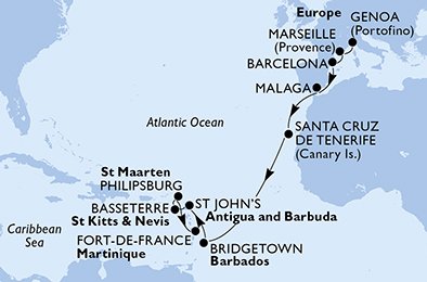 crociera msc U9MG itinerario della crociera in
italia, francia, spagna, barbados, antigua-barbuda, saint kitts - nevis, st. maarten, martinica su MSC PREZIOSA