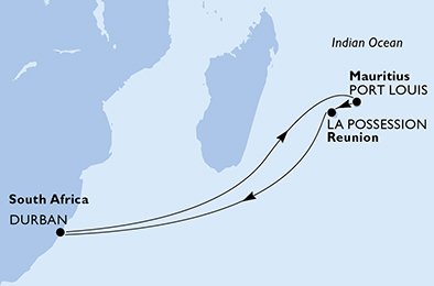 crociera msc U9OK itinerario della crociera in
sudafrica, mauritius, réunion su MSC MUSICA