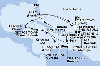 crociera msc U9YS itinerario della crociera in
usa, antigua-barbuda, saint kitts - nevis, isole vergini (britanniche), guadalupe, st. maarten, aruba, giamaica, isole cayman, messico su MSC DIVINA