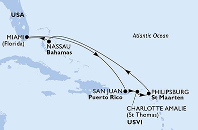 crociera msc U9Z9 itinerario della crociera in
usa, porto rico, isole vergini (usa), st. maarten, bahamas su MSC SEASIDE