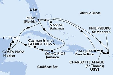 crociera msc U9ZU itinerario della crociera in
usa, porto rico, isole vergini (usa), st. maarten, bahamas, giamaica, isole cayman, messico su MSC SEASIDE