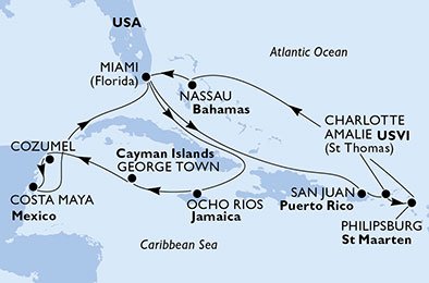 crociera msc U9ZV itinerario della crociera in
usa, giamaica, isole cayman, messico, porto rico, isole vergini (usa), st. maarten, bahamas su MSC SEASIDE