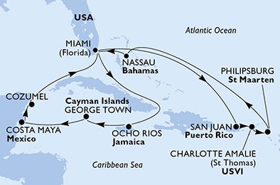 crociera msc UA06 itinerario della crociera in
usa, porto rico, isole vergini (usa), st. maarten, bahamas, giamaica, isole cayman, messico su MSC SEASIDE