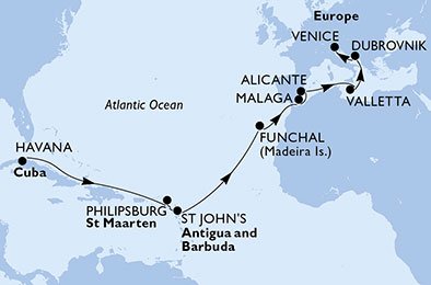 crociera msc UA1U itinerario della crociera in
cuba, st. maarten, antigua-barbuda, portogallo, spagna, malta, croazia, italia su MSC OPERA