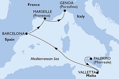 crociera msc UA21 itinerario della crociera in
italia, malta, spagna, francia su MSC MERAVIGLIA