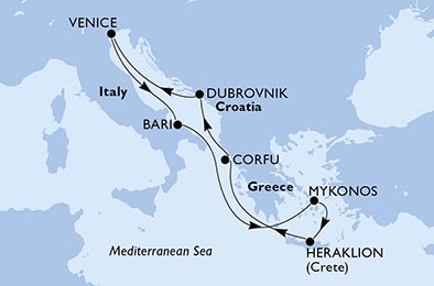 crociera msc UAGO itinerario della crociera in
italia, grecia, croazia su MSC LIRICA
