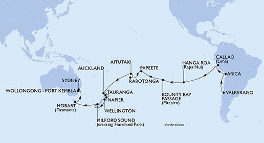 crociera msc UAIO itinerario della crociera in
cile, peru, isole pitcairn, polinesia francese, isole cook, nuova zelanda, australia su MSC MAGNIFICA