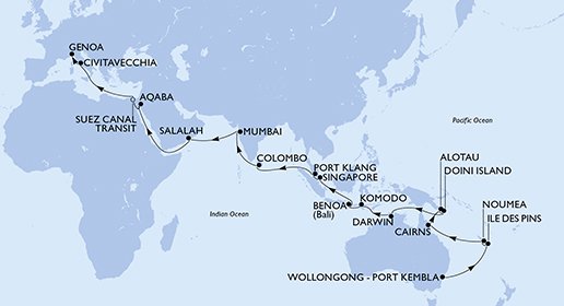 crociera msc UAIP itinerario della crociera in
australia, nuova caledonia, papua nuova guinea, indonesia, singapore, malesia, sri lanka, india, oman, giordania, egitto, italia su MSC MAGNIFICA