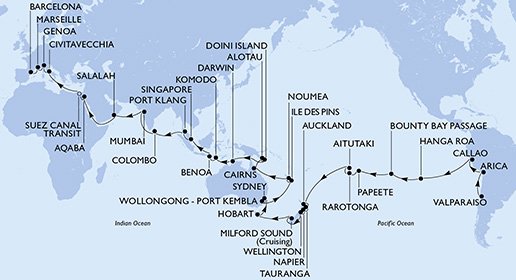 crociera msc UAJ0 itinerario della crociera in
cile, peru, isole pitcairn, polinesia francese, isole cook, nuova zelanda, australia, nuova caledonia, papua nuova guinea, indonesia, singapore, malesia, sri lanka, india, oman, giordania, egitto, italia, francia, spagna su MSC MAGNIFICA