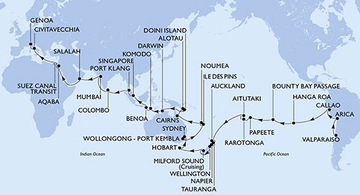 crociera msc UAJ2 itinerario della crociera in
cile, peru, isole pitcairn, polinesia francese, isole cook, nuova zelanda, australia, nuova caledonia, papua nuova guinea, indonesia, singapore, malesia, sri lanka, india, oman, giordania, egitto, italia su MSC MAGNIFICA