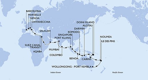 crociera msc UAJ4 itinerario della crociera in
australia, nuova caledonia, papua nuova guinea, indonesia, singapore, malesia, sri lanka, india, oman, giordania, egitto, italia, francia, spagna su MSC MAGNIFICA