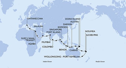 crociera msc UAJ5 itinerario della crociera in
australia, nuova caledonia, papua nuova guinea, indonesia, singapore, malesia, sri lanka, india, oman, giordania, egitto, italia su MSC MAGNIFICA