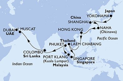 crociera msc UAJO itinerario della crociera in
giappone, cina, hong kong, tailandia, singapore, malesia, sri lanka, oman, emirati arabi uniti su MSC SPLENDIDA