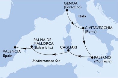 crociera msc UALU itinerario della crociera in
italia, spagna su MSC MERAVIGLIA