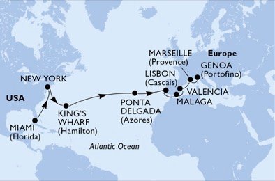 crociera msc UAMM itinerario della crociera in
usa, bermuda, portogallo, spagna, francia, italia su MSC DIVINA