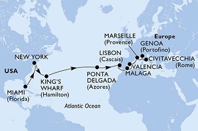 crociera msc UAMN itinerario della crociera in
usa, bermuda, portogallo, spagna, francia, italia su MSC DIVINA