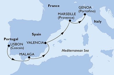 crociera msc UAMS itinerario della crociera in
portogallo, spagna, francia, italia su MSC DIVINA