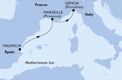 crociera msc UAMT itinerario della crociera in
spagna, francia, italia su MSC DIVINA