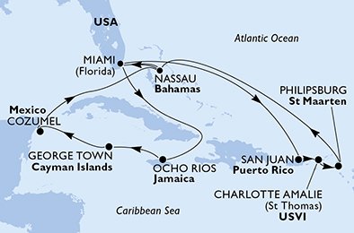 crociera msc UANS itinerario della crociera in
usa, porto rico, isole vergini (usa), st. maarten, bahamas, giamaica, isole cayman, messico su MSC SEASIDE