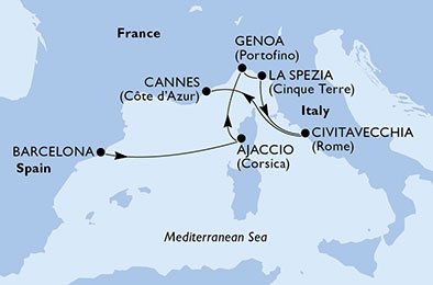 crociera msc UAWS itinerario della crociera in
spagna, francia, italia su MSC SEAVIEW