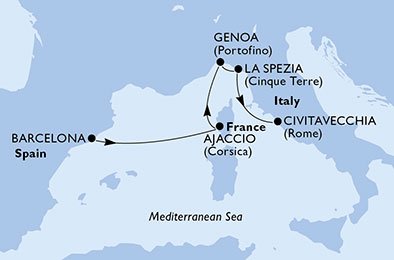 crociera msc UAWT itinerario della crociera in
spagna, francia, italia su MSC SEAVIEW