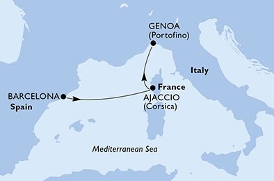 crociera msc UAWU itinerario della crociera in
spagna, francia, italia su MSC SEAVIEW