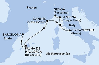 crociera msc UAZD itinerario della crociera in
italia, francia, spagna su MSC SEAVIEW