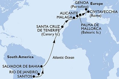 crociera msc UB3J itinerario della crociera in
brasile, spagna, italia su MSC FANTASIA