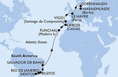 crociera msc UB3O itinerario della crociera in
brasile, portogallo, spagna, francia, danimarca, germania su MSC POESIA