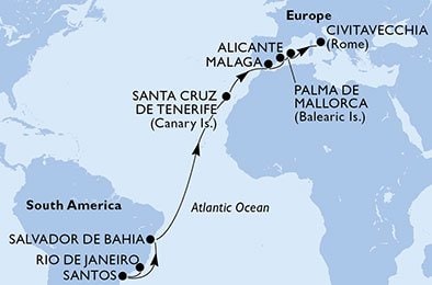 crociera msc UB52 itinerario della crociera in
brasile, spagna, italia su MSC FANTASIA