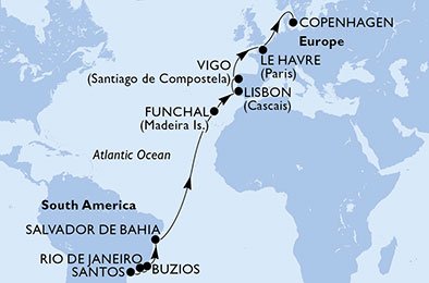 crociera msc UB55 itinerario della crociera in
brasile, portogallo, spagna, francia, danimarca su MSC POESIA