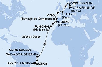 crociera msc UB57 itinerario della crociera in
brasile, portogallo, spagna, francia, danimarca, germania su MSC POESIA