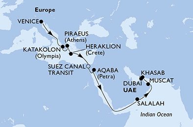 crociera msc UB6U itinerario della crociera in
italia, grecia, egitto, giordania, oman, emirati arabi uniti su MSC LIRICA