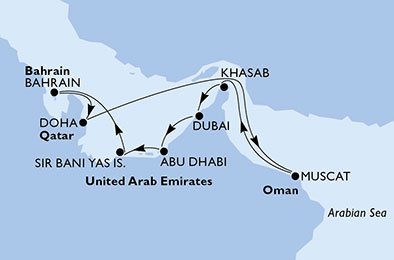 crociera msc UB6W itinerario della crociera in
emirati arabi uniti, bahrain, qatar, oman su MSC LIRICA