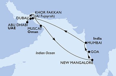 crociera msc UB6Y itinerario della crociera in
emirati arabi uniti, oman, india su MSC LIRICA
