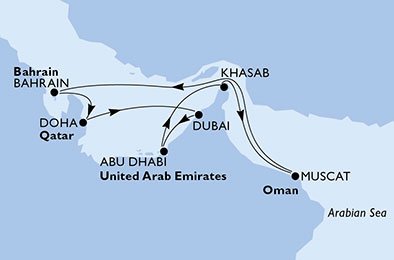 crociera msc UB6Z itinerario della crociera in
emirati arabi uniti, oman, bahrain, qatar su MSC LIRICA