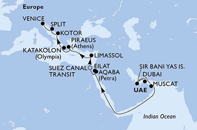 crociera msc UB75 itinerario della crociera in
emirati arabi uniti, oman, israele, giordania, egitto, cipro, grecia, montenegro, croazia, italia su MSC LIRICA