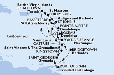 crociera msc UB7F itinerario della crociera in
guadalupe, saint lucia, barbados, trinidad e tobago, grenada, saint vincent & the grenadines, martinica, isole vergini (britanniche), st. maarten, dominica, saint kitts - nevis, antigua-barbuda su MSC PREZIOSA