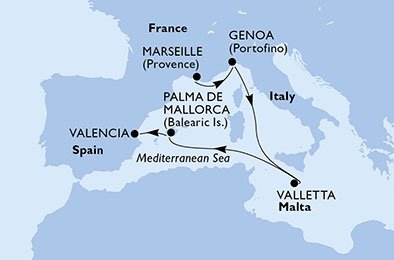 crociera msc UBAT itinerario della crociera in
francia, italia, malta, spagna su MSC POESIA