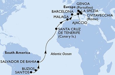 crociera msc UBG3 itinerario della crociera in
brasile, spagna, francia, italia su MSC SEAVIEW