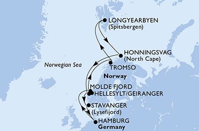 crociera msc UBGI itinerario della crociera in
germania, norvegia, svalbard and jan mayen islands su MSC PREZIOSA