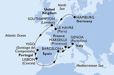 crociera msc UBGS itinerario della crociera in
germania, francia, regno unito, spagna, portogallo, italia su MSC PREZIOSA