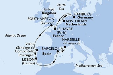 crociera msc UBHF itinerario della crociera in
olanda, germania, francia, regno unito, spagna, portogallo su MSC PREZIOSA