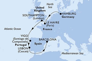 crociera msc UBHG itinerario della crociera in
germania, francia, regno unito, spagna, portogallo su MSC PREZIOSA