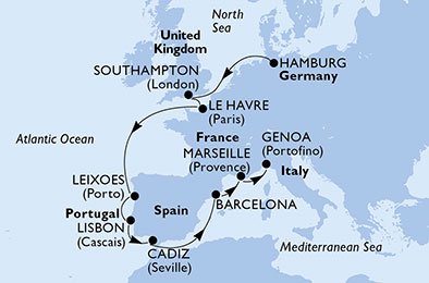 crociera msc UBIF itinerario della crociera in
germania, regno unito, francia, portogallo, spagna, italia su MSC ORCHESTRA