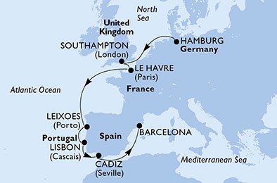 crociera msc UBIP itinerario della crociera in
germania, regno unito, francia, portogallo, spagna su MSC ORCHESTRA